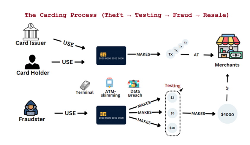 Flowchart showing carding process from data theft to resale